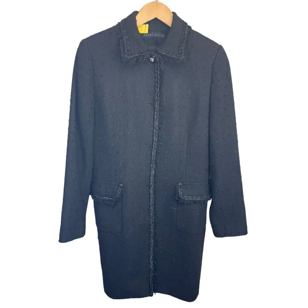 PERRY ELLIS Wool Blend Long Winter Dress Coat Black Tweed Silver Fleck Women's 8